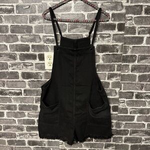 Aerie overall romper faded black pockets oversized frayed hem